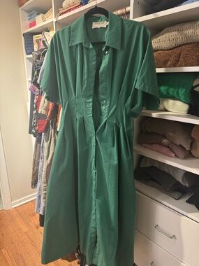 Collared Button-Front Green Midi Dress